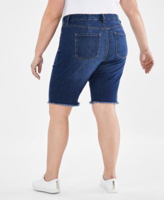 Plus Size Denim Raw-Edge Bermuda Shorts
