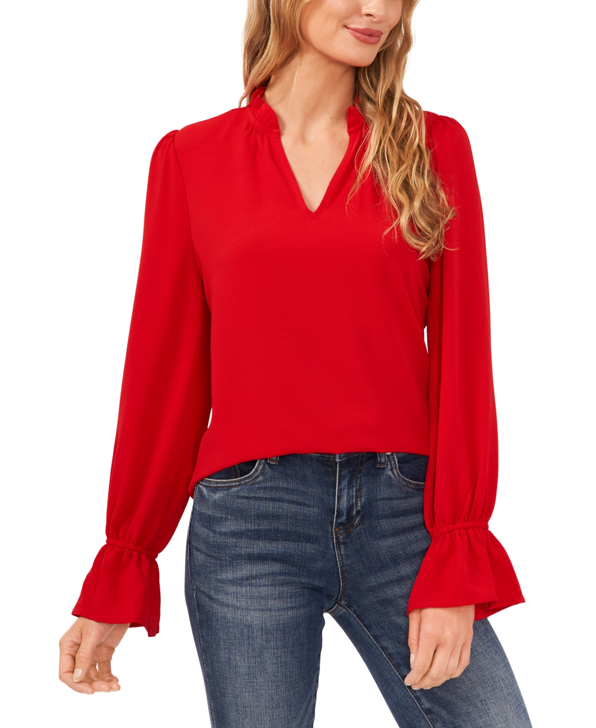 Cece Women's V-neck Long Sleeve Ruffle Trim Blouse In Luminous Red