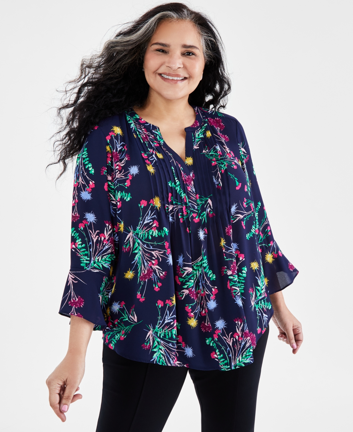 Style & Co Plus Size Printed Pintuck Blouse, Created For Macy's In Lola Floral Blue
