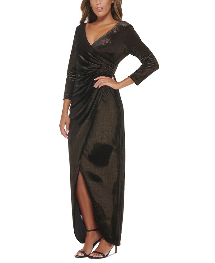 Calvin Klein Women's Velvet 3/4-Sleeve Wrap Gown - Macy's