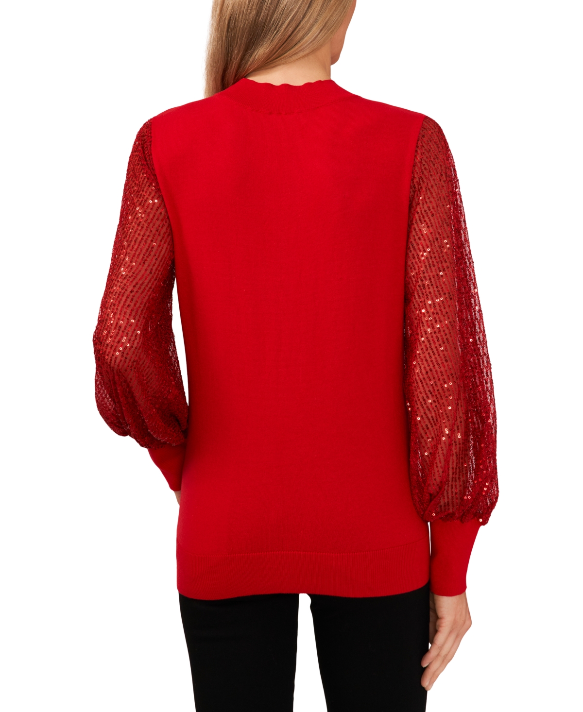 CeCe Women's Sheer-Sequin-Sleeve Mock-Neck Cotton Sweater