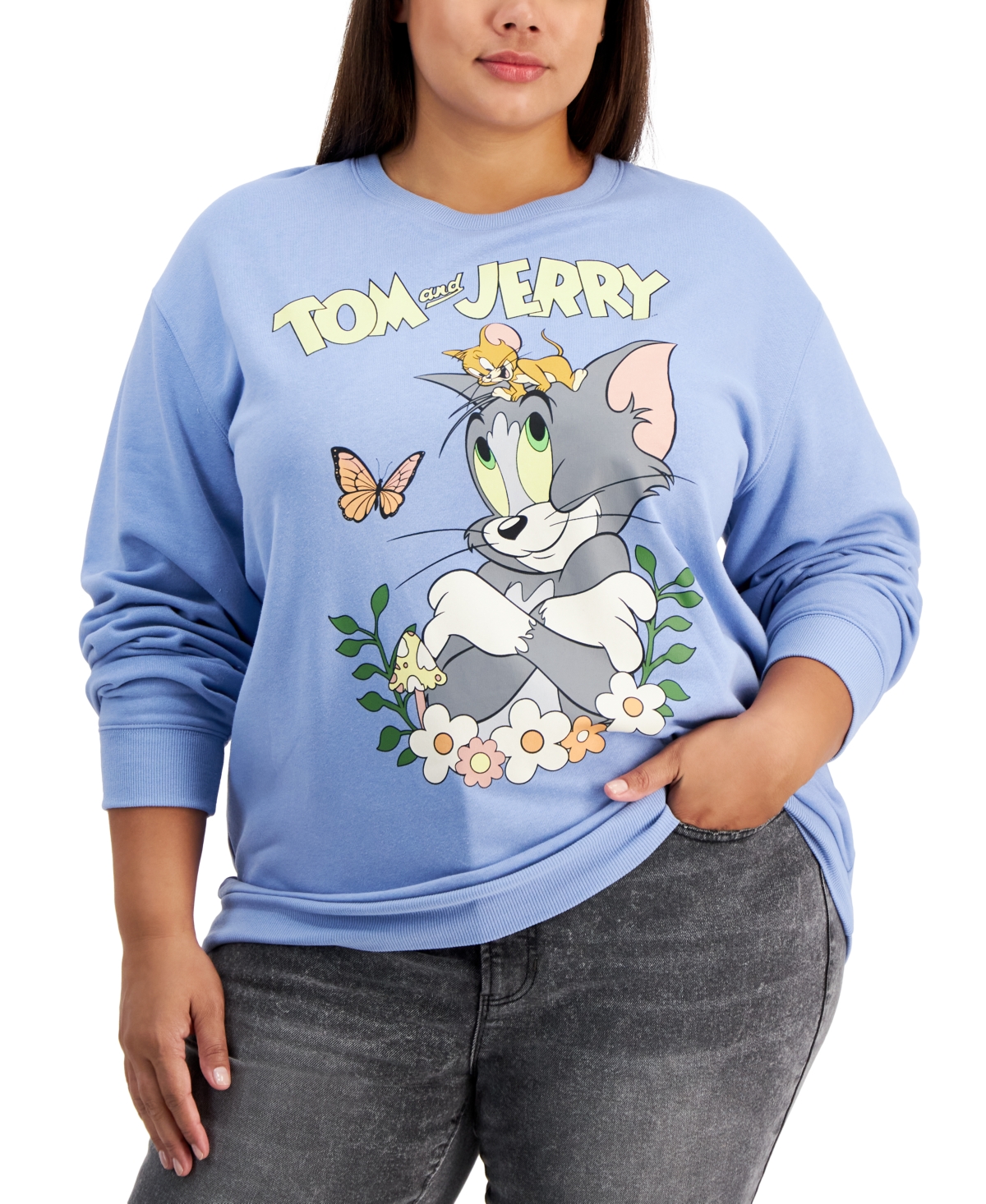 Trendy Plus Size Tom And Jerry Springy Graphic Sweatshirt - Forever Blue