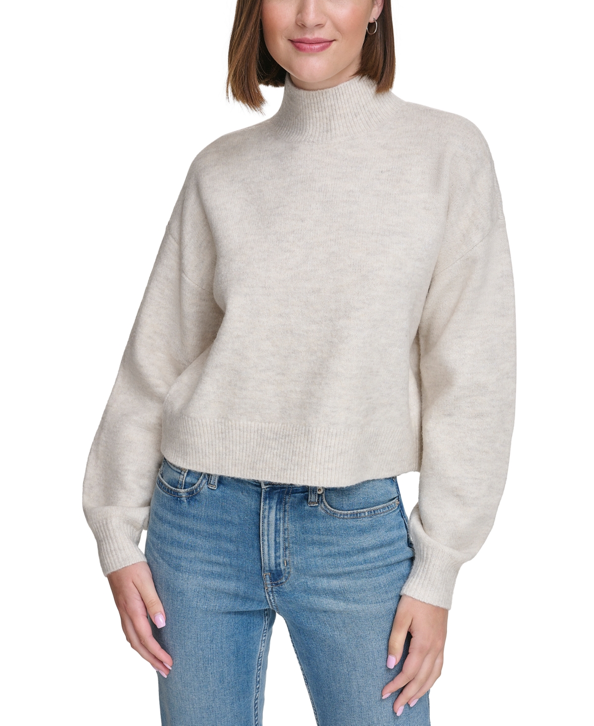 Women's Boxy Cropped Long Sleeve Mock Neck Sweater - Island Green