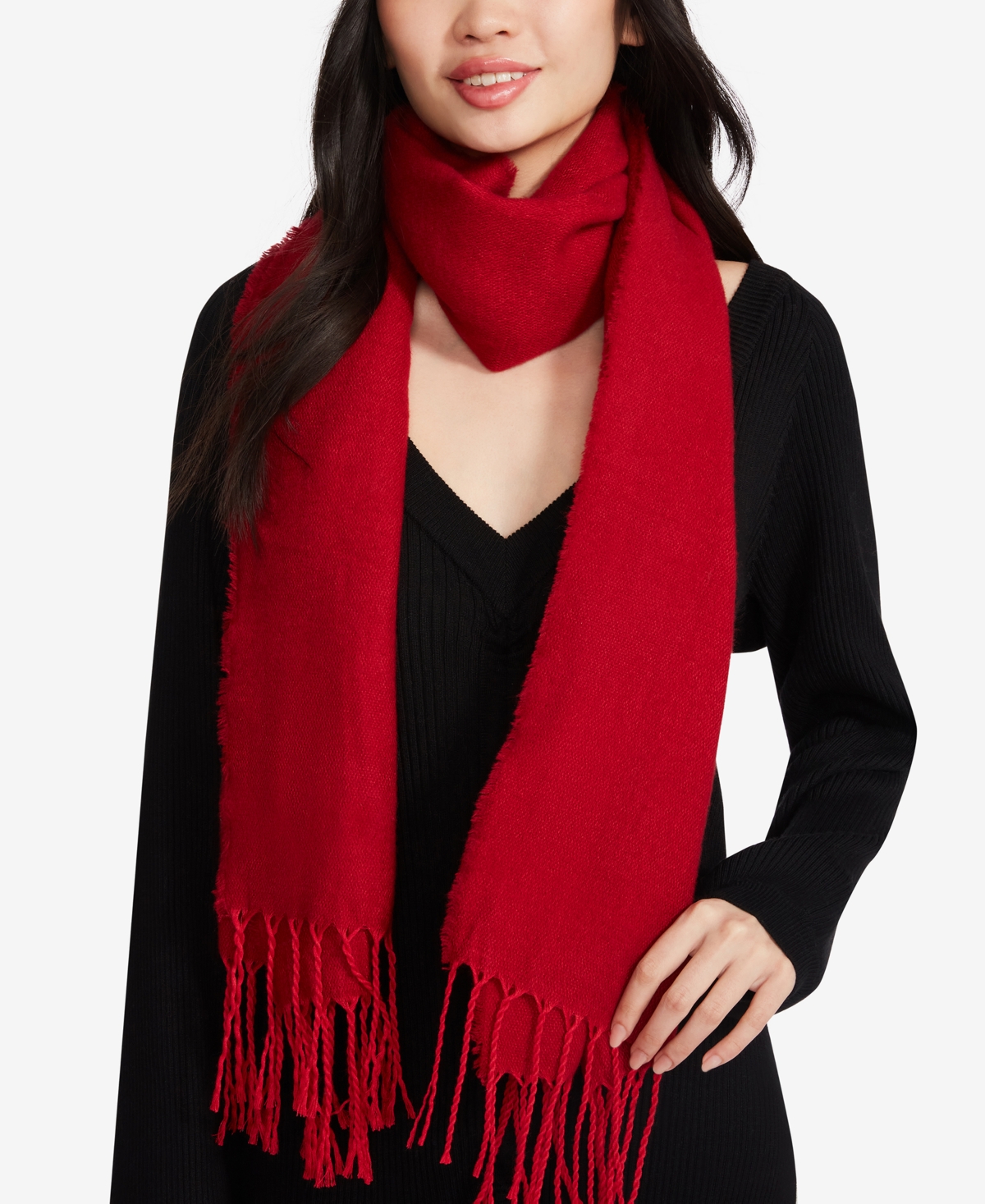 Steve Madden Cozy Blanket Scarf With Fringe Detail In Red Solid