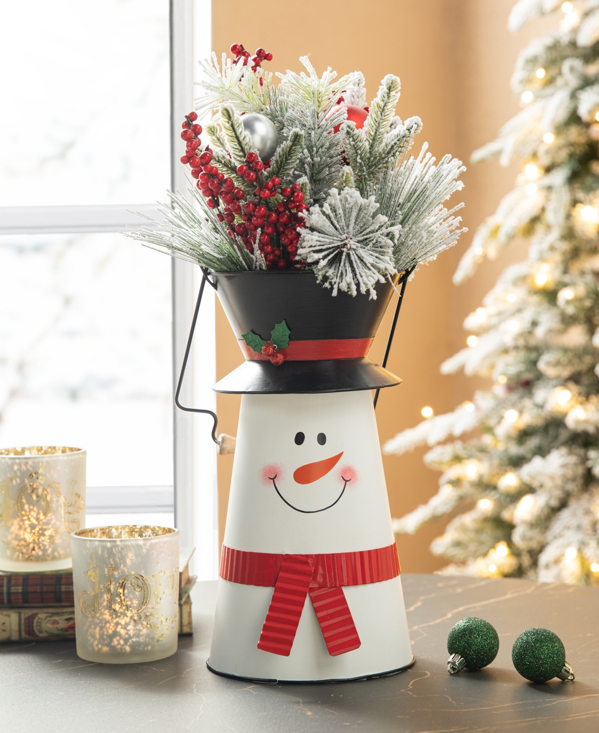 Glitzhome H Metal Snowman Decorative Bucket