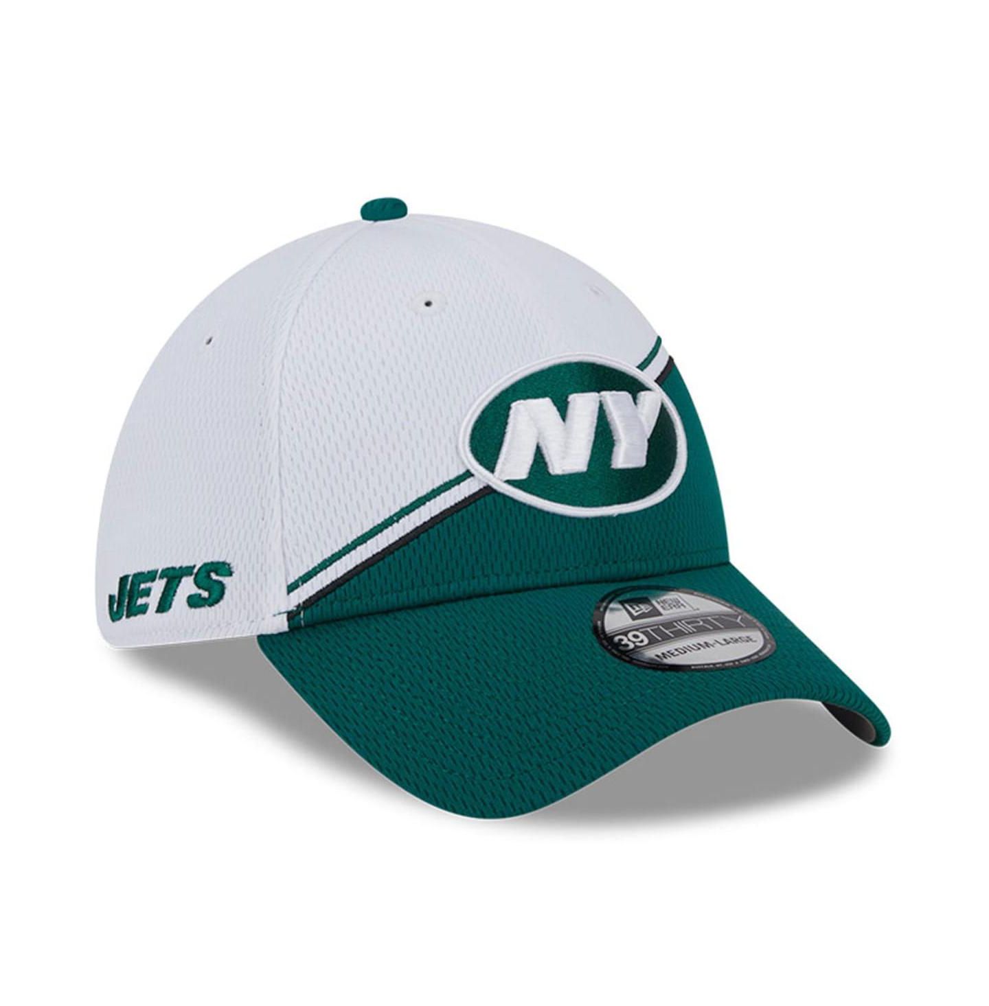 Мужская кепка New Era White, Green New York Jets 2023 NFL Sideline 39THIRTY Flex Hat — фото 1