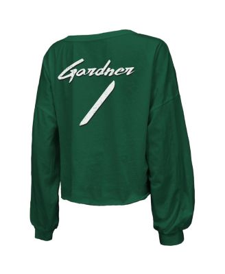 Women's Threads Sauce Gardner Green New York Jets Name and Number Off-Shoulder Script Cropped Long Sleeve V-Neck T-shirt