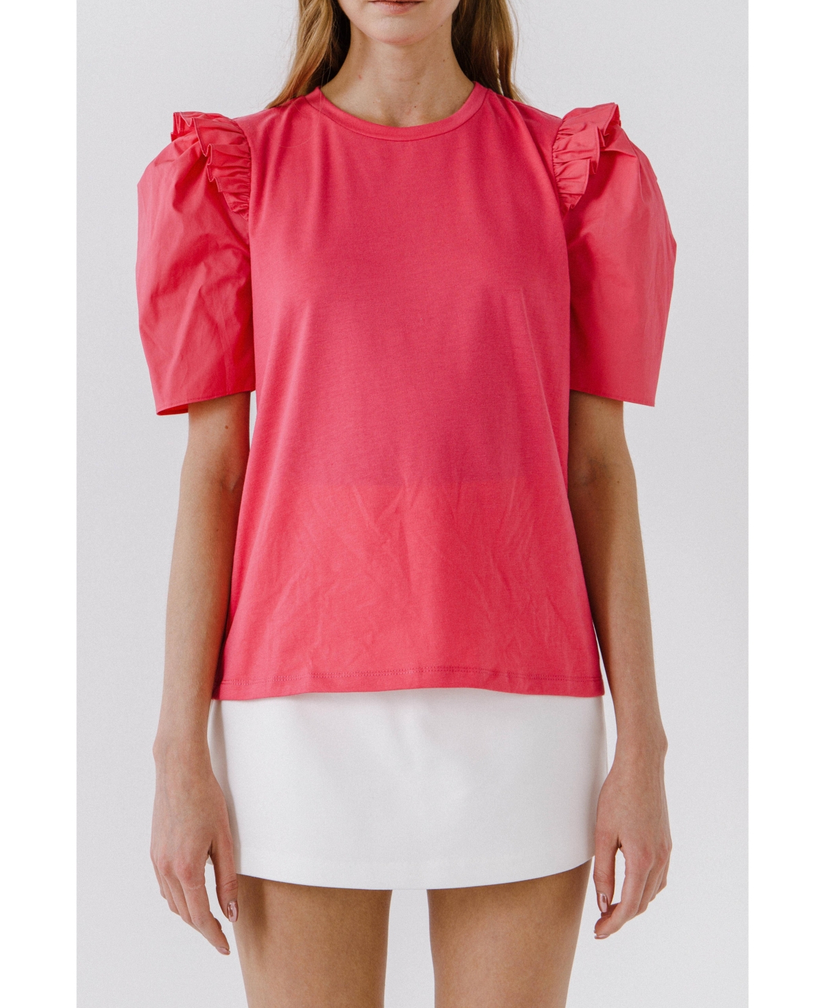 Women's Mini Ruffle Puff Sleeve T-Shirt - Fuchsia
