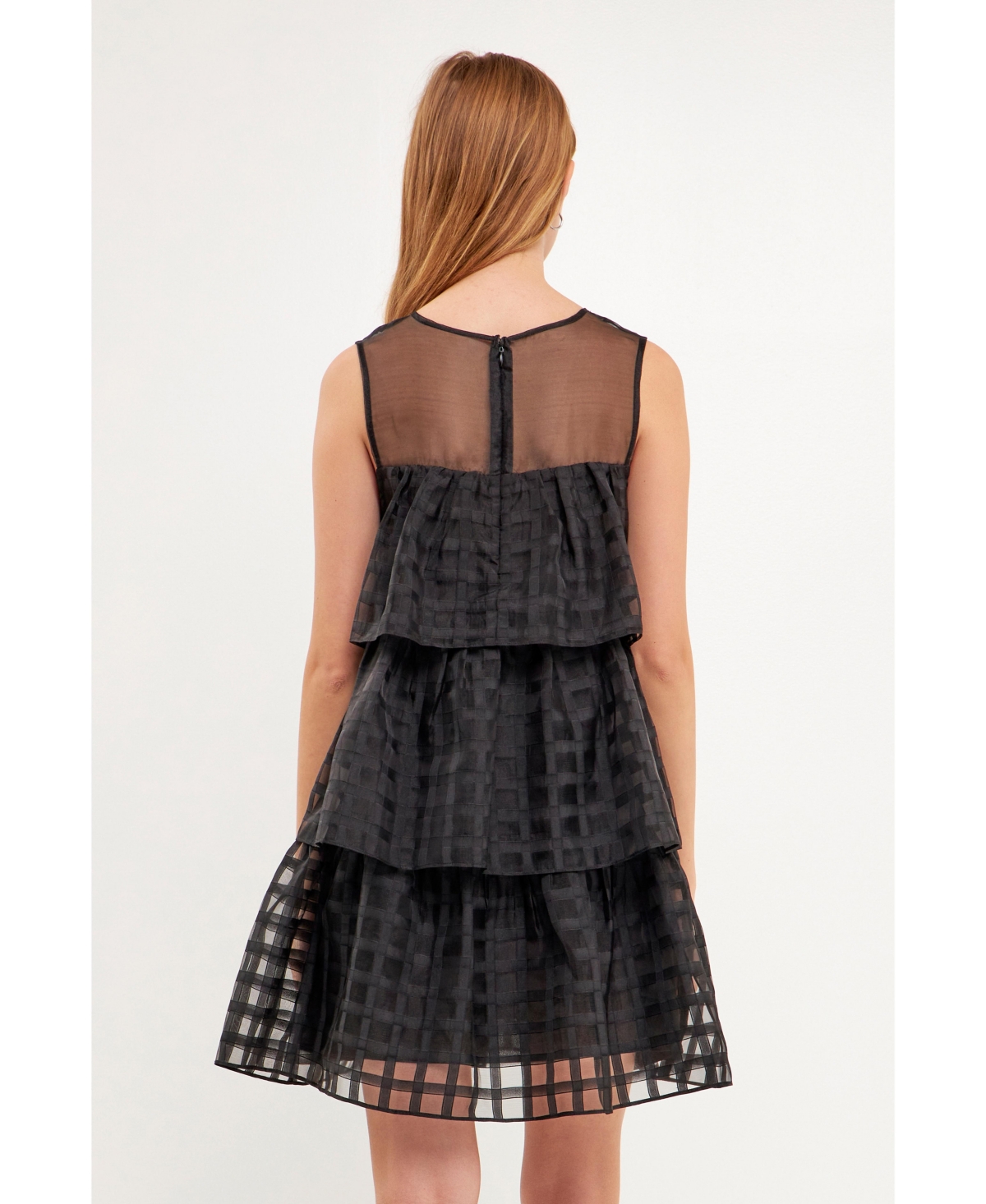 English Factory Women's Organza Gridded Tiered Sleeveless Mini Dress