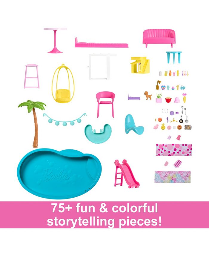 Barbie Dreamhouse, 75  Pieces, Pool Party Doll House With 3 Story Slide - Multi