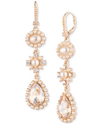 Marchesa - Gold-Tone Crystal & Imitation Pearl Cluster Triple Drop Earrings