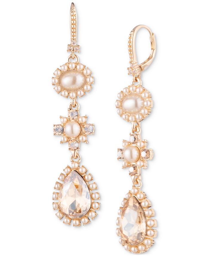 Lapis Heart & Imitation Pearl Drop Earrings in Goldtone