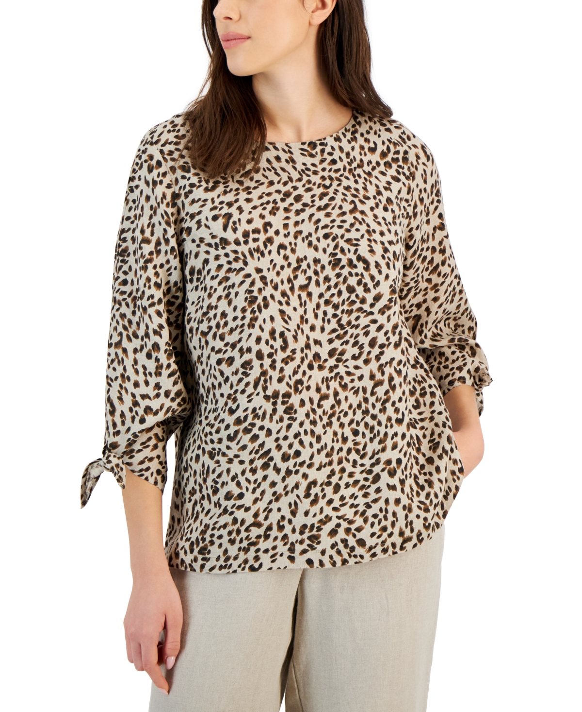 Women's 100% Linen Animal-Print Tie-Cuff Top, Created for Macy's - Flax Combo