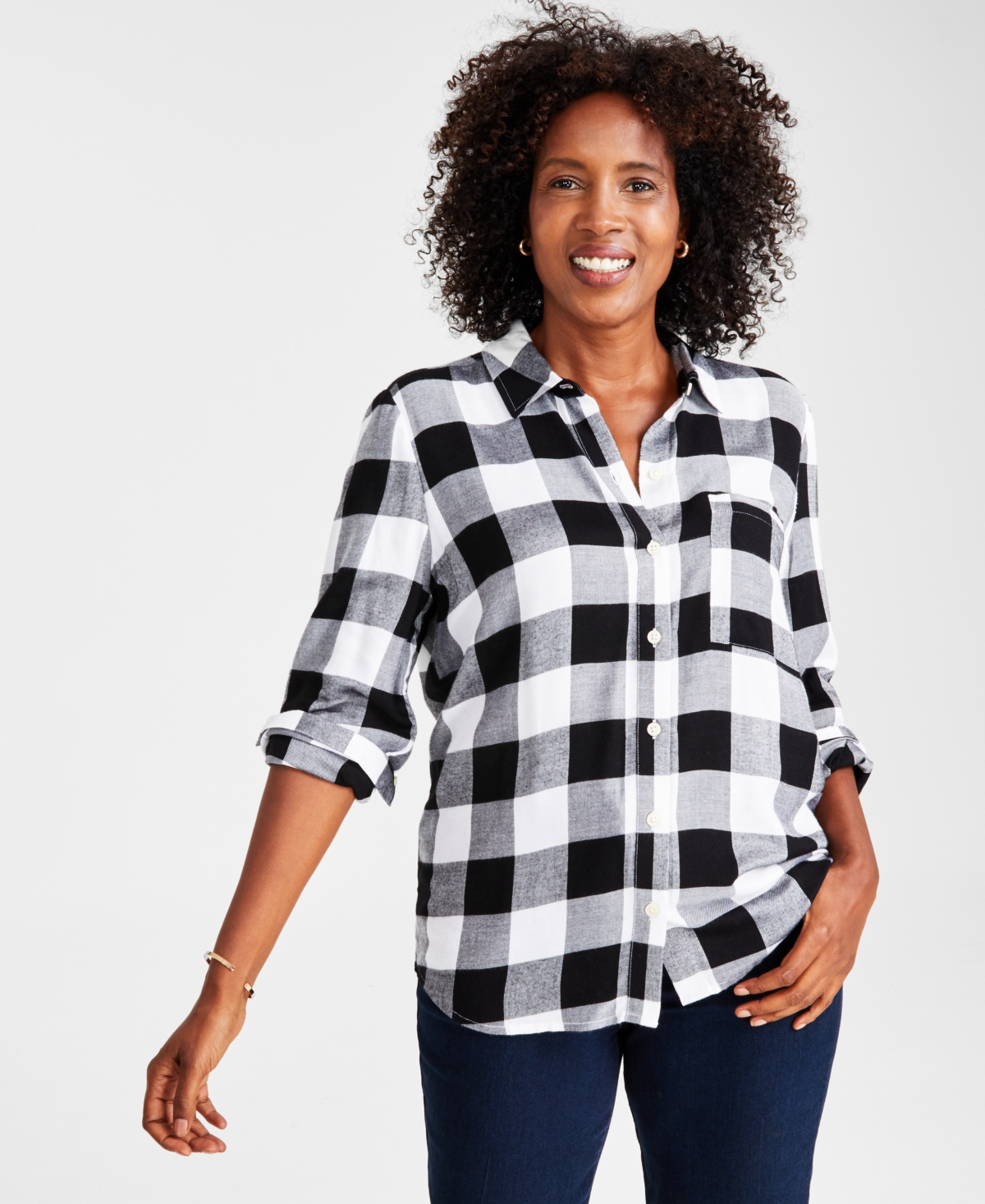 Style & Co Petite Plaid Printed Perfect Shirt, Created For Macy's In Buffalo Black