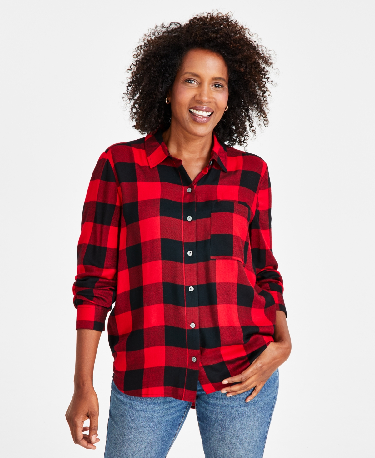 Style & Co Petite Plaid Printed Perfect Shirt, Created For Macy's In Buffalo Red