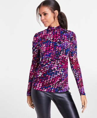 Bar III - Women's Printed Mesh Mock Neck Top