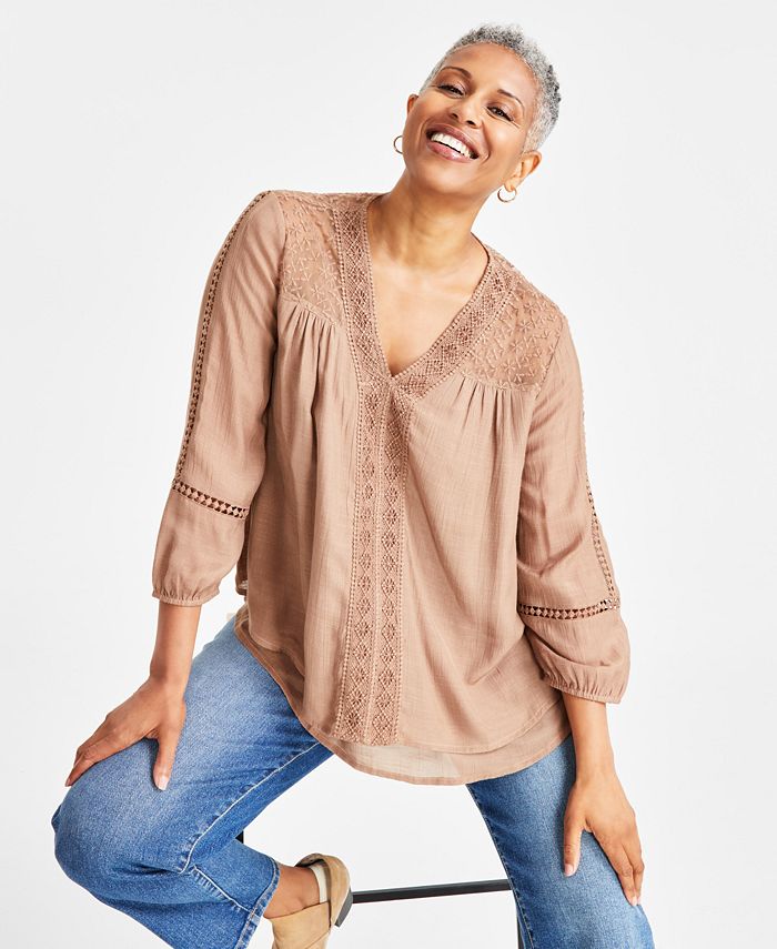Karen Scott 3/4-Sleeve Woven Shirt, Created for Macy's - ShopStyle Tops