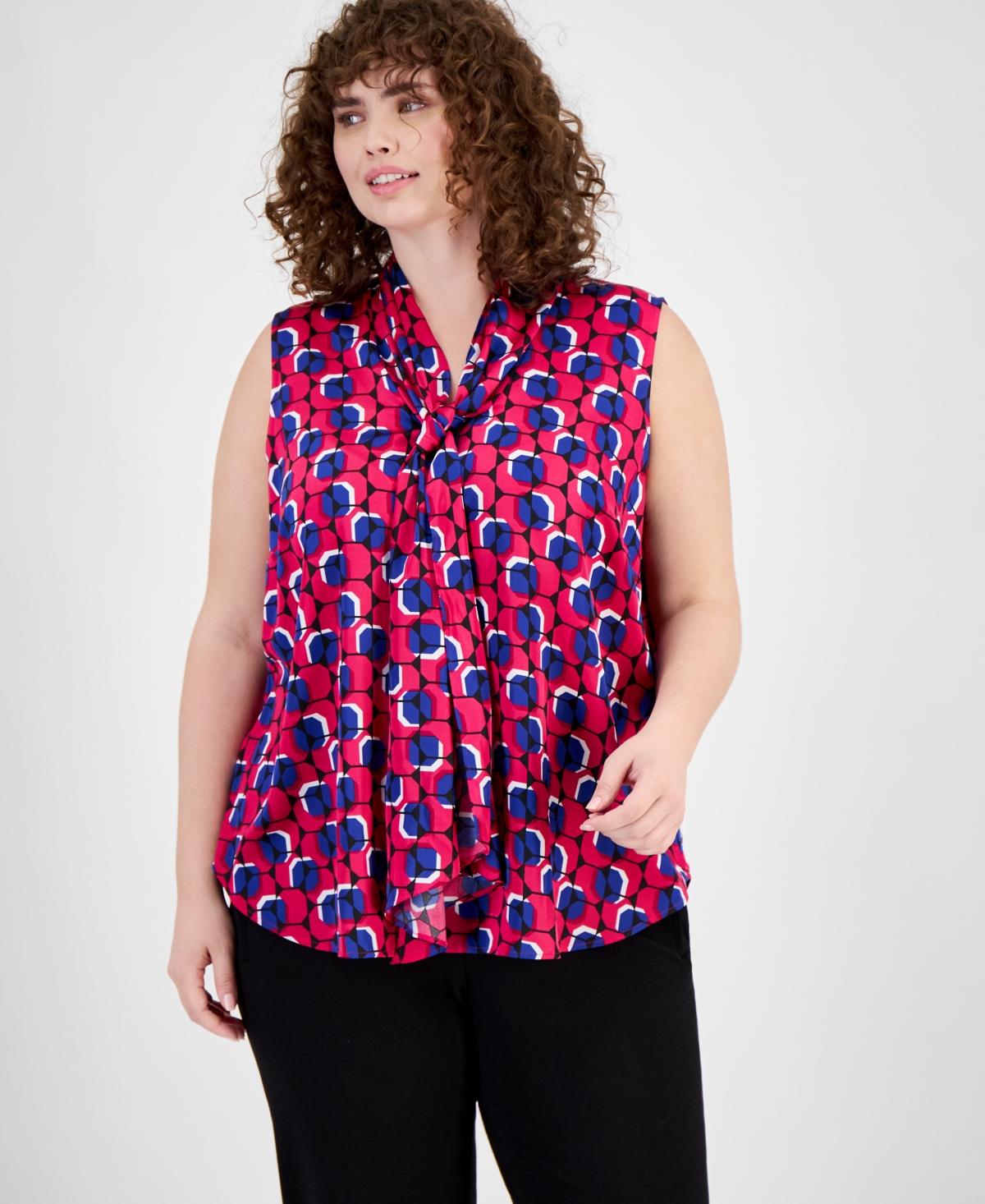 Bar Iii Plus Size Geo-print Bow-neck Sleeveless Blouse, Created For Macy's In Jazz Berry Multi