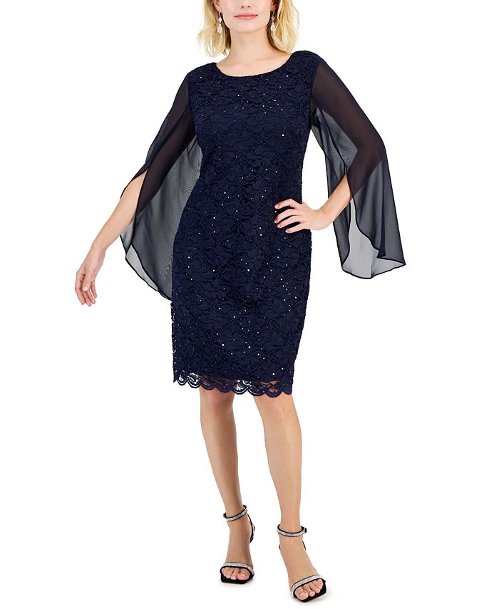Connected Petite Round-Neck Long-Cape-Sleeve Lace Dress - Macy's