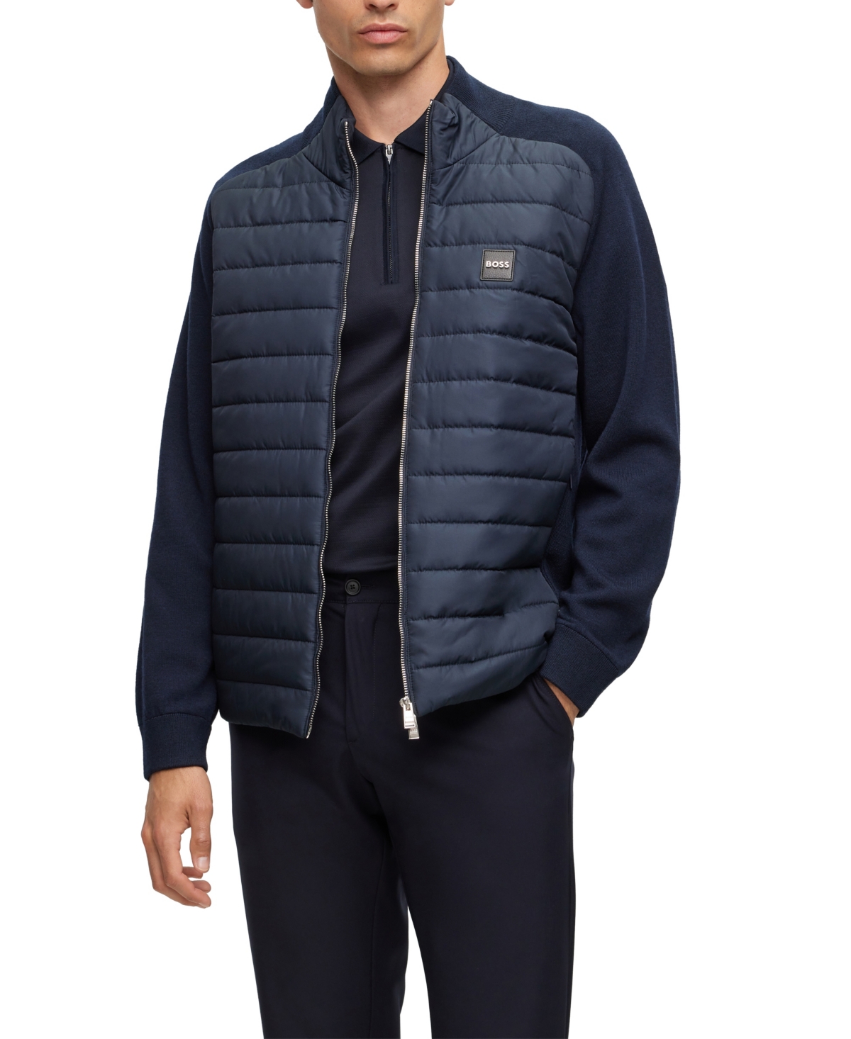 Hugo Boss Boss By  Men's Mixed-material Knitted Jacket In Dark Blue
