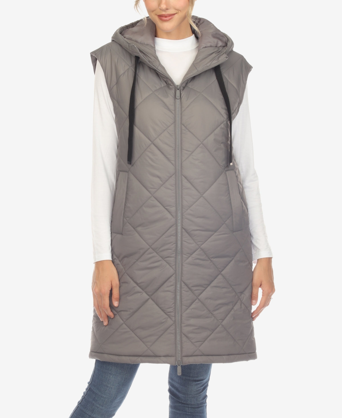 Women's Diamond Quilted Hooded Long Puffer Vest Jacket - Gray
