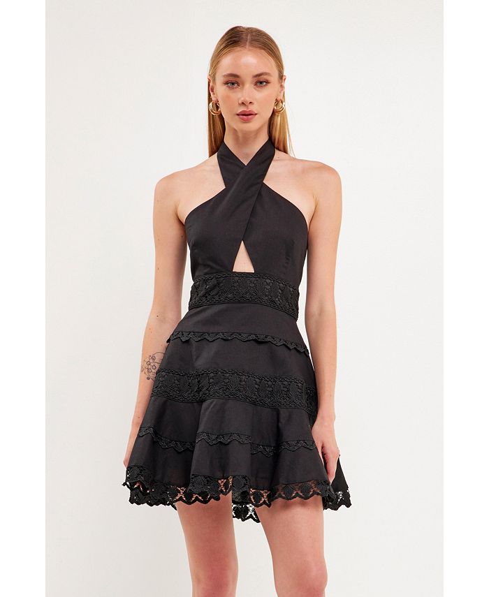 FLARED MINI DRESS WITH HALTER NECK AND LACE TRIM