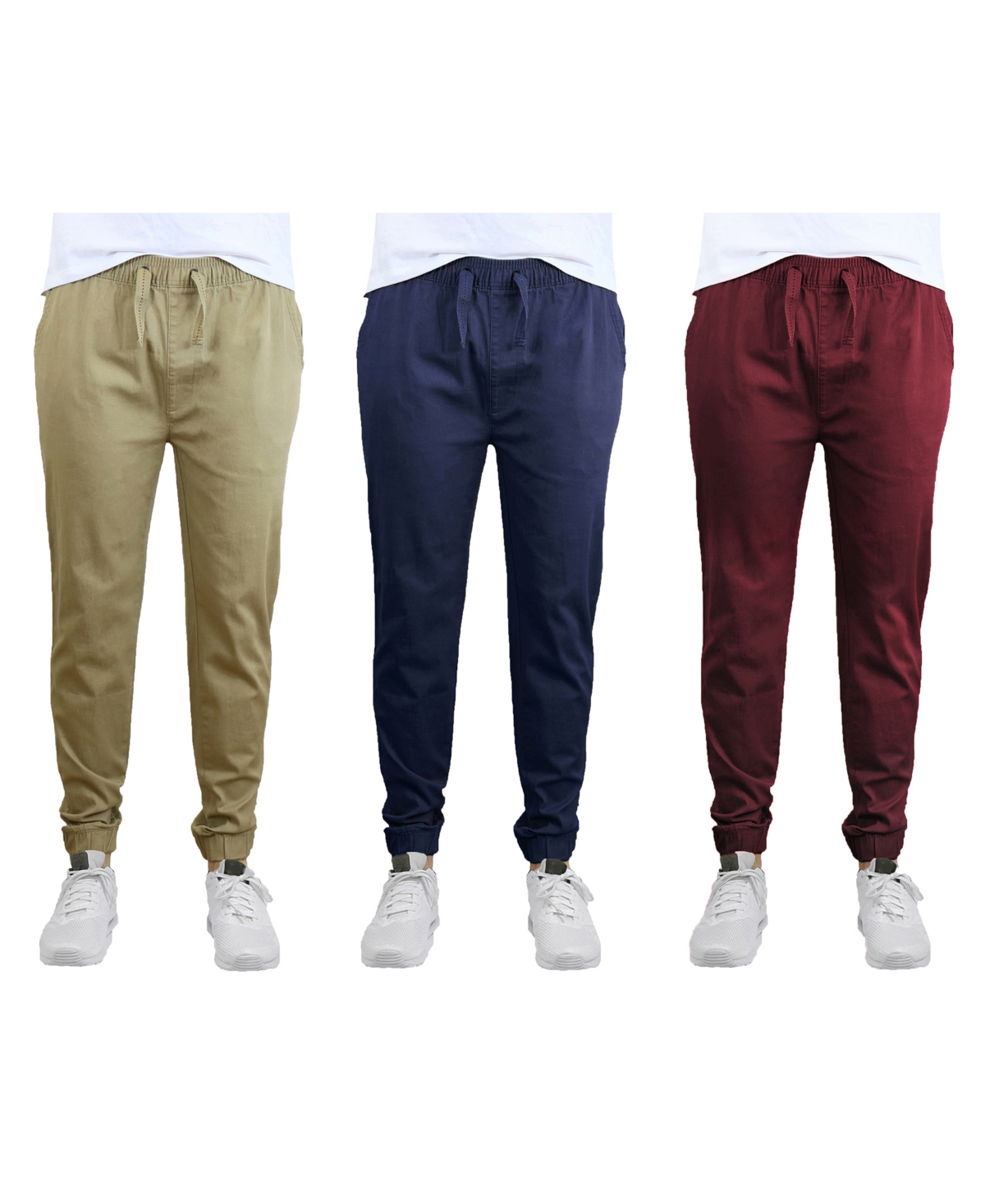 Shop Galaxy By Harvic Men's Slim Fit Basic Stretch Twill Joggers, Pack Of 3 In Khaki,navy And Burgundy