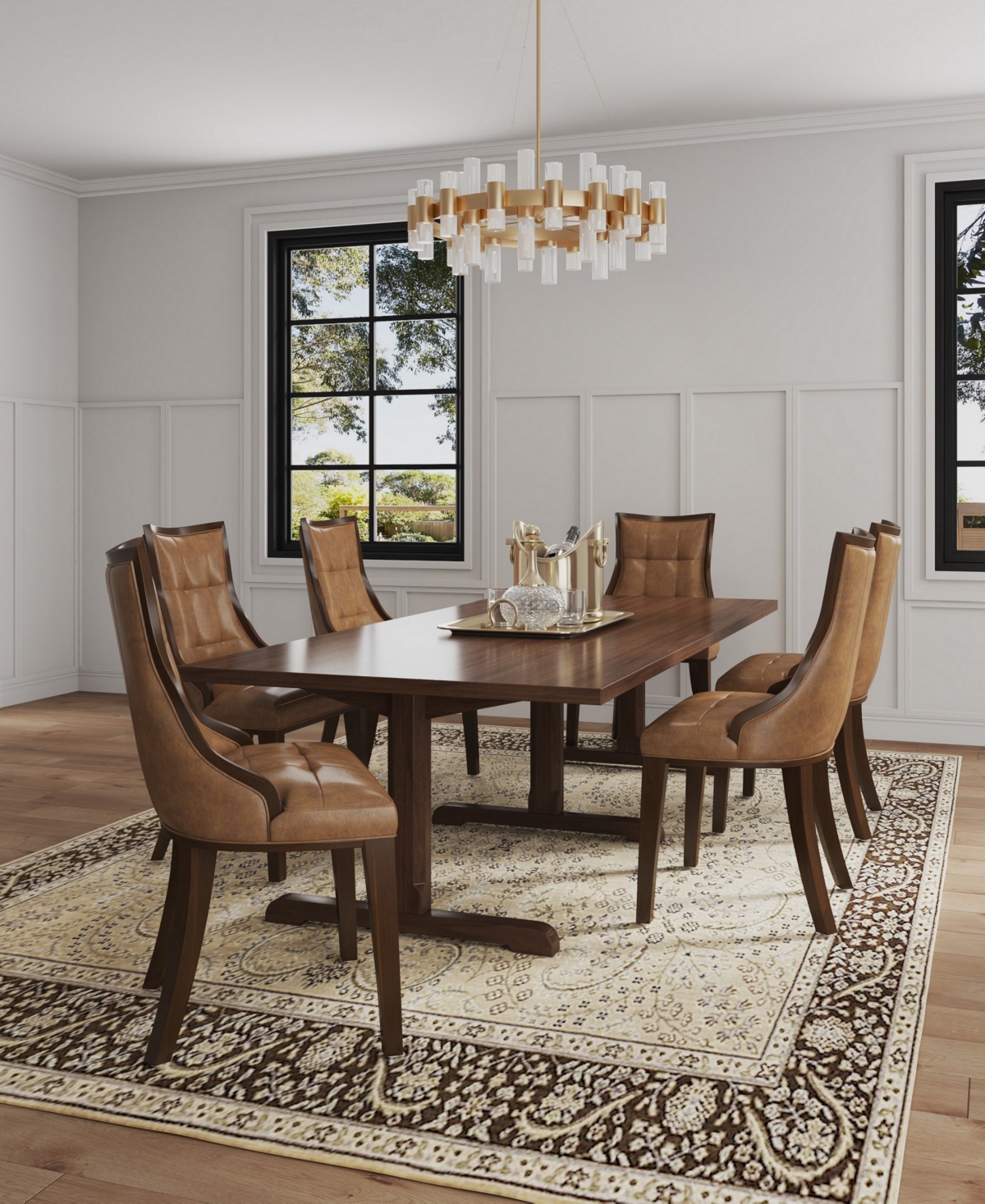 Manhattan Comfort Fifth Avenue 2-Piece Beech Wood Faux Leather Upholstered Dining Chair Set - Walnut