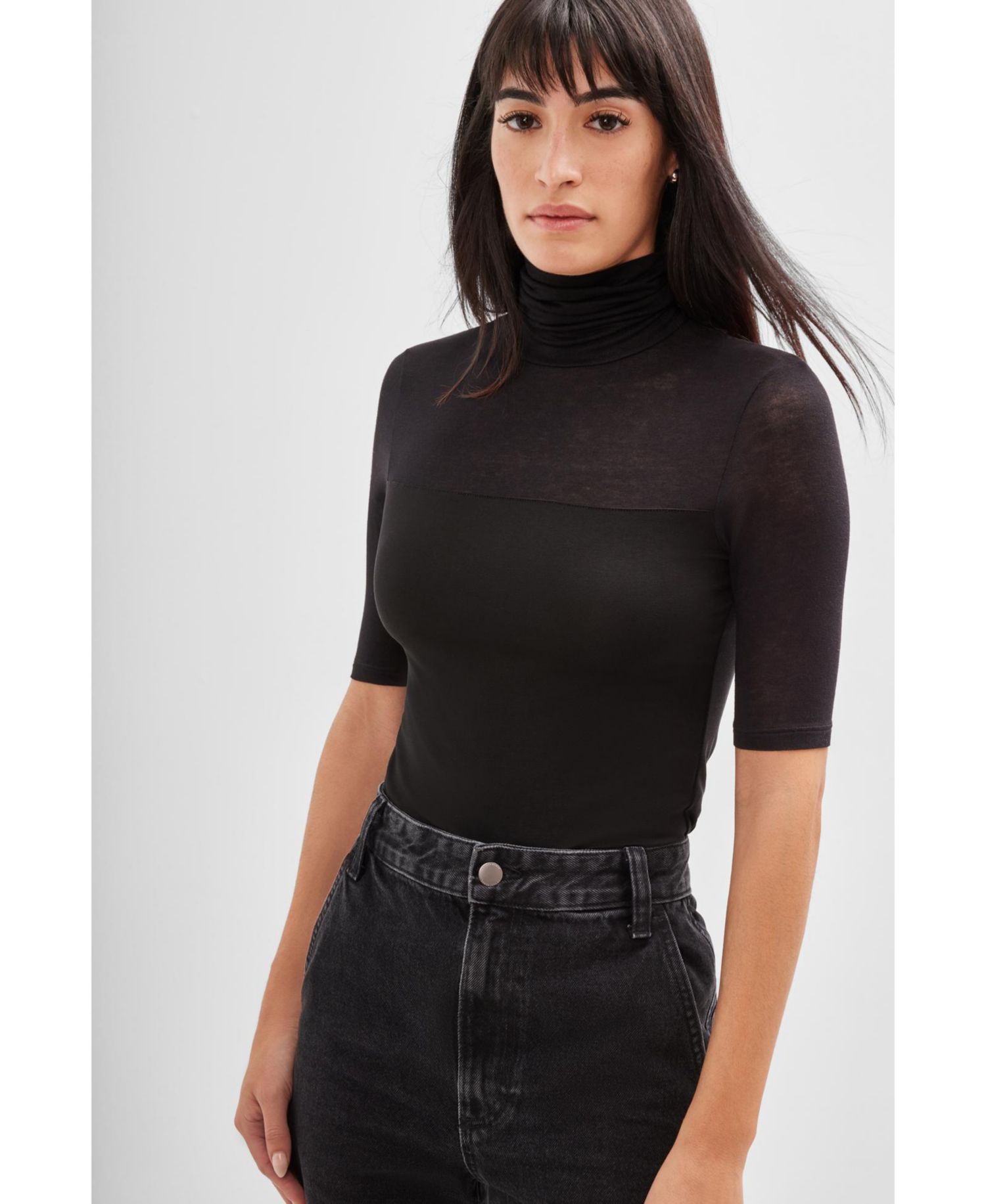 Women's Niko Sheer-Neckline Half-Sleeve Layering Jersey Top