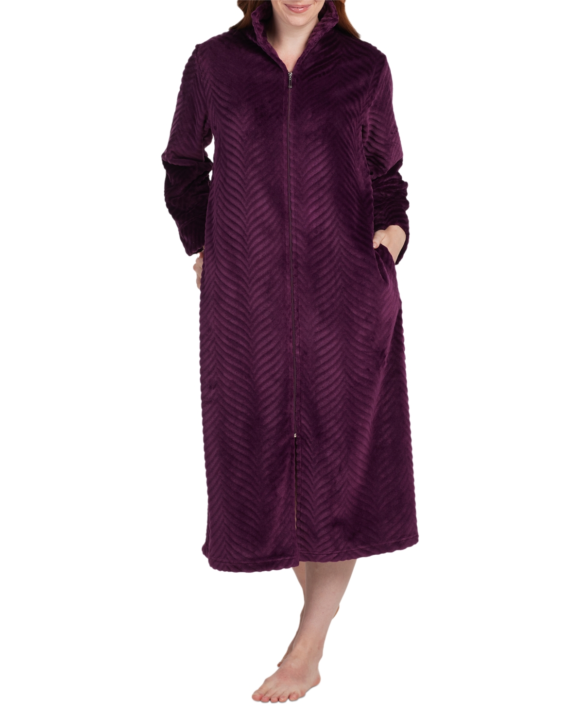 Women's Textured Zip-Front Robe - Aubergine