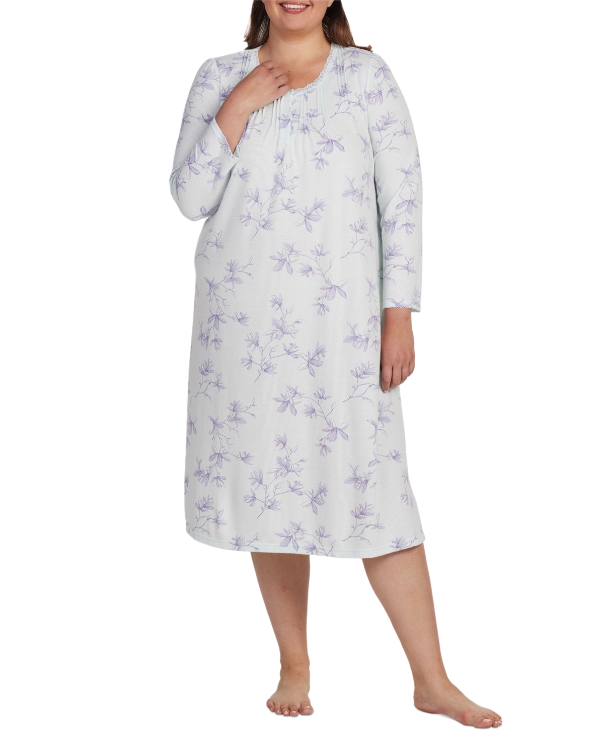 Miss Elaine Plus Size Floral Lace-trim Nightgown In Mint,blue Floral Stems