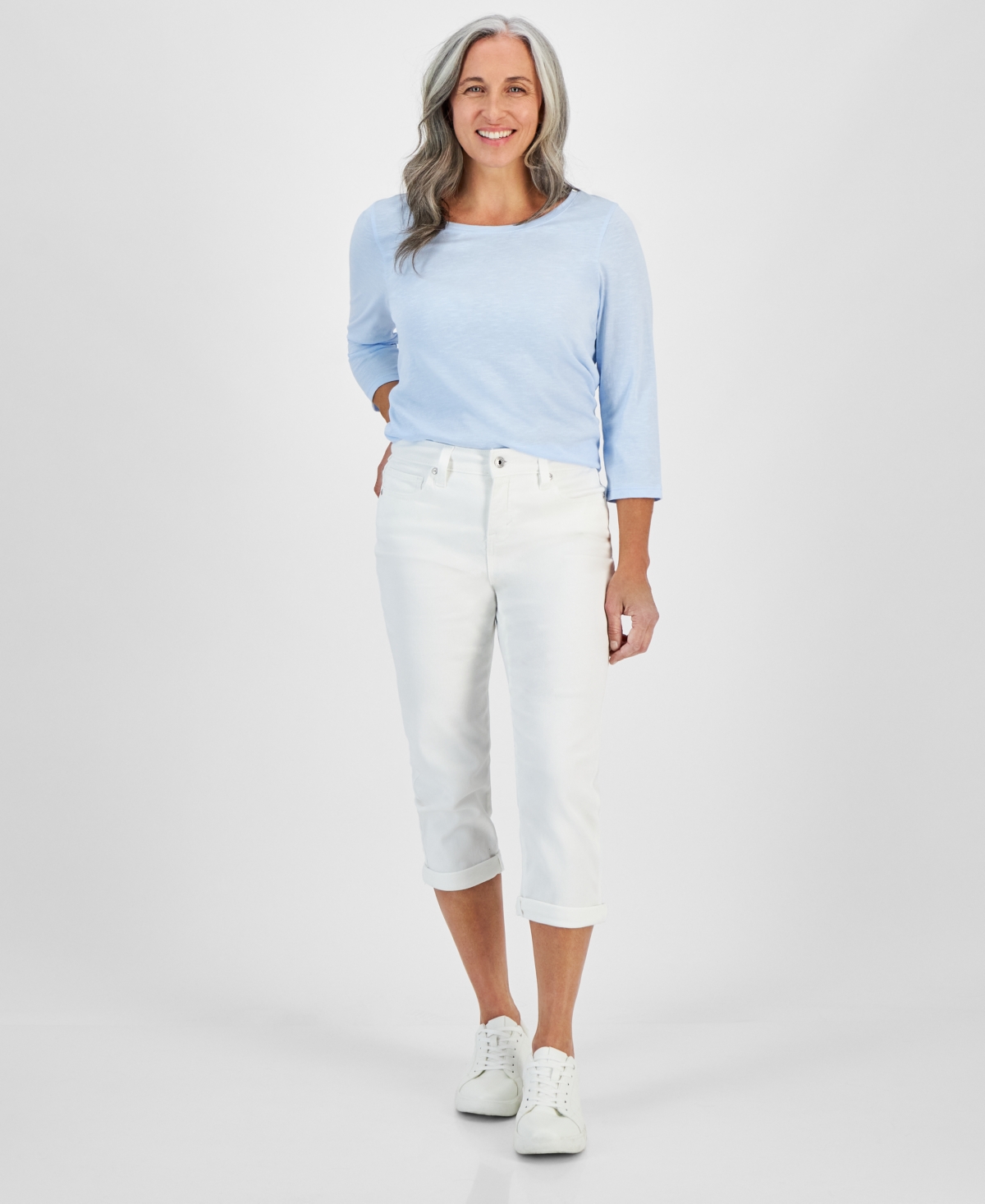 Style & Co Petite Curvy-fit Mid Rise Cuffed Capri Jeans, Created For Macy's In Bright White