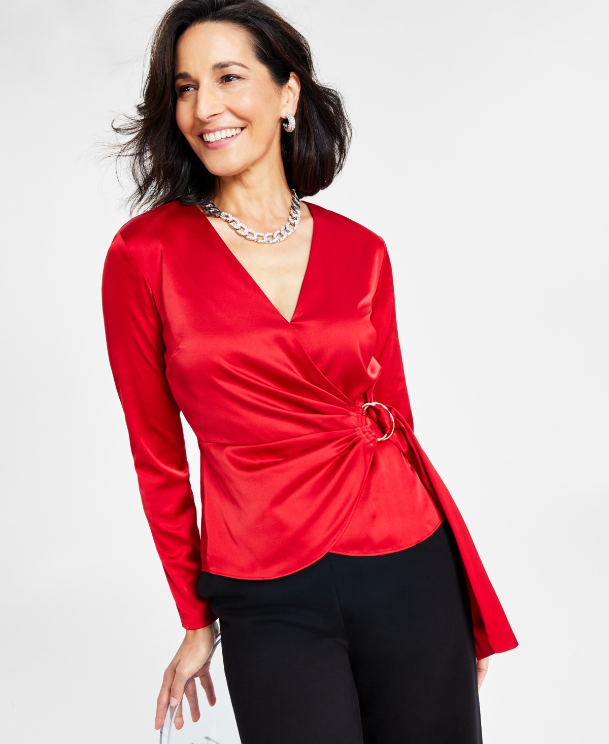 Inc International Concepts Petite Surplice Wrap Blouse, Created For Macy's In Red Zenith