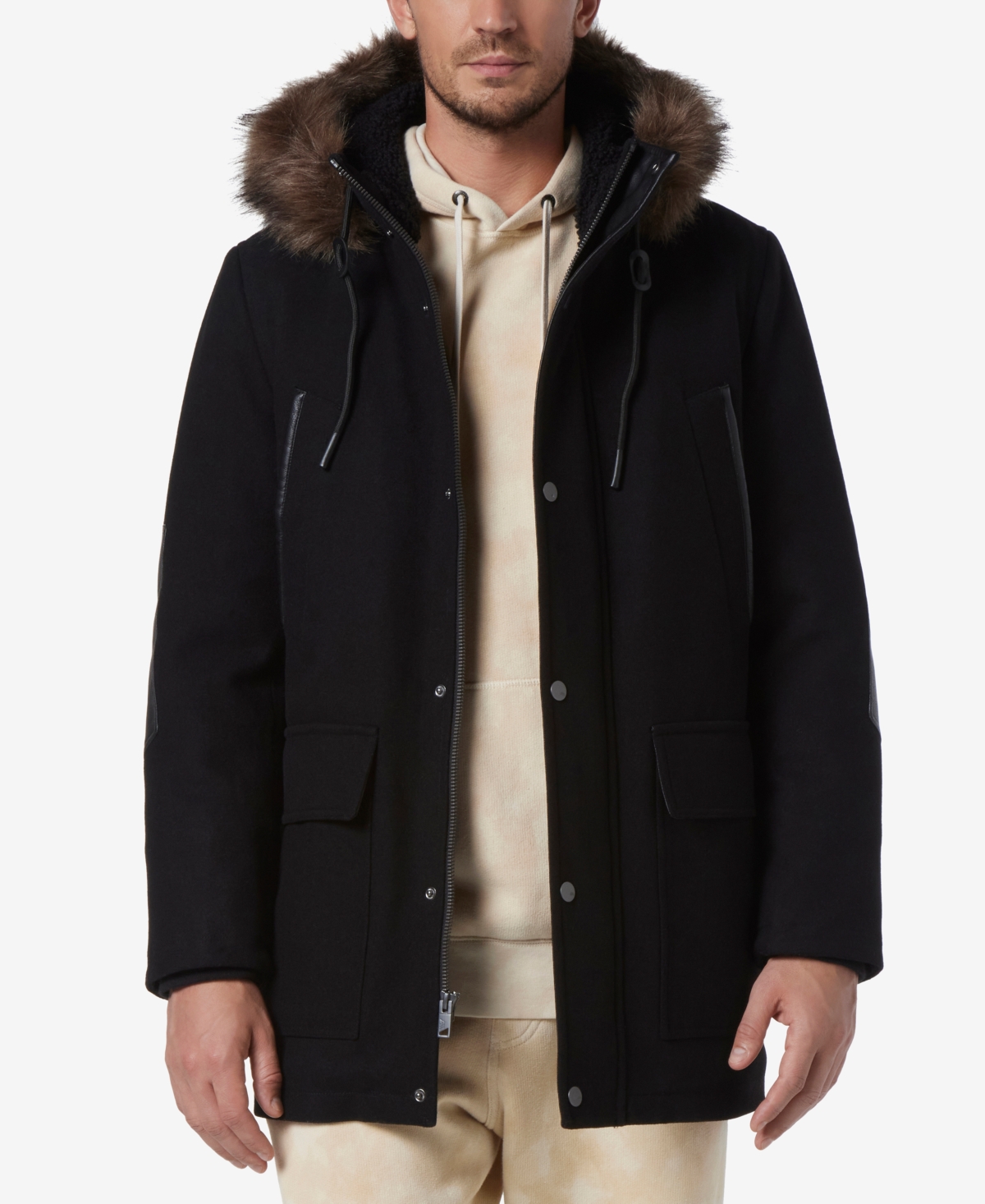 Marc New York Men's Dawson Hooded Parka With Faux-leather & Faux-fur Trim In Black