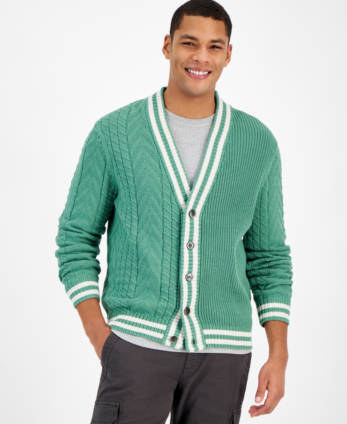Sun + Stone Men's Regular-fit Mixed-stitch V-neck Varsity Cardigan, Created For Macy's In Fiddle Leaf Fig