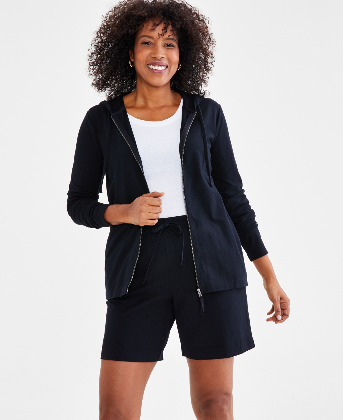 Style & Co Petite Zip-front Long-sleeve Hoodie, Created For Macy's In Deep Black