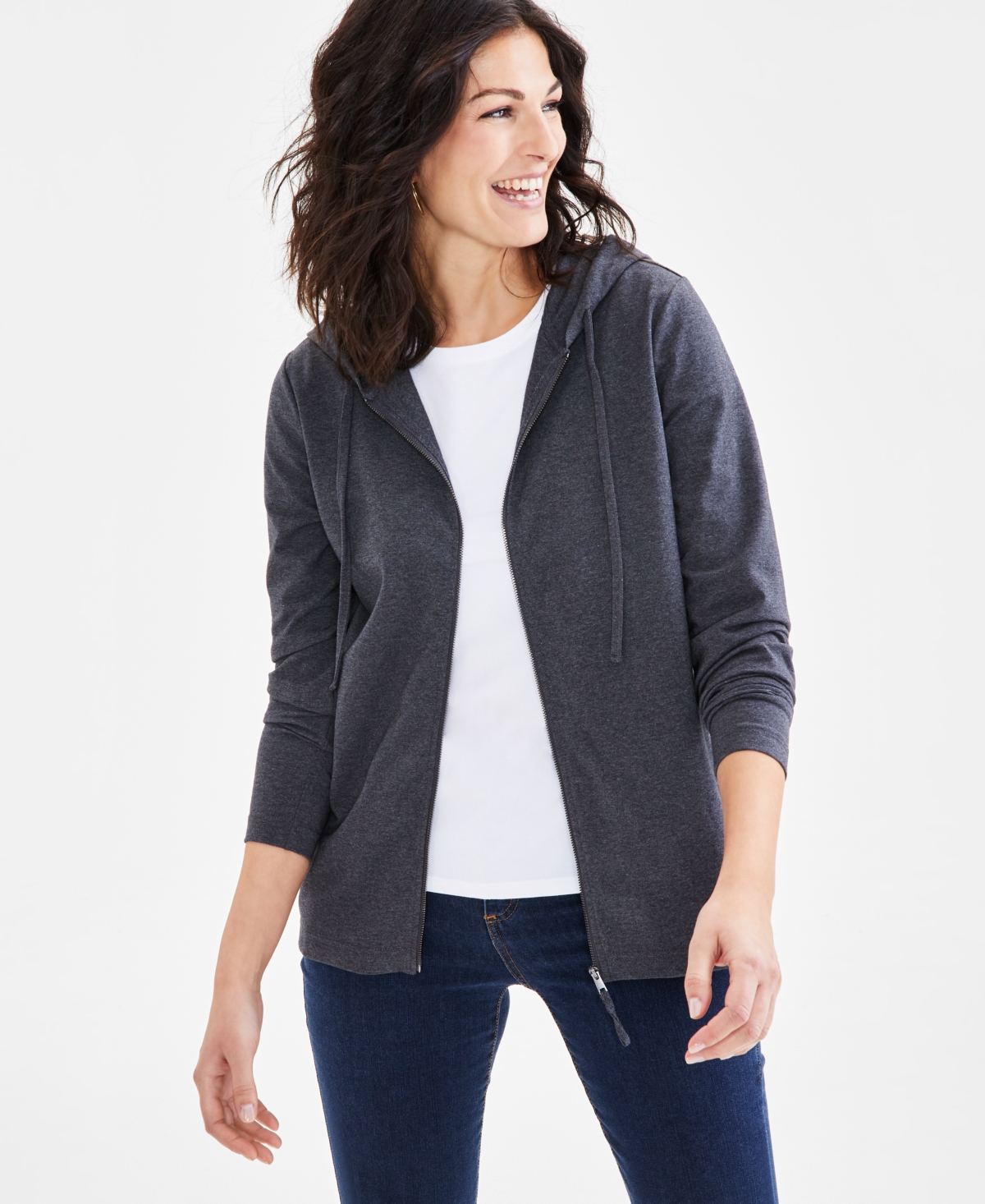 Style & Co Petite Zip-front Long-sleeve Hoodie, Created For Macy's In Charcoal Heather