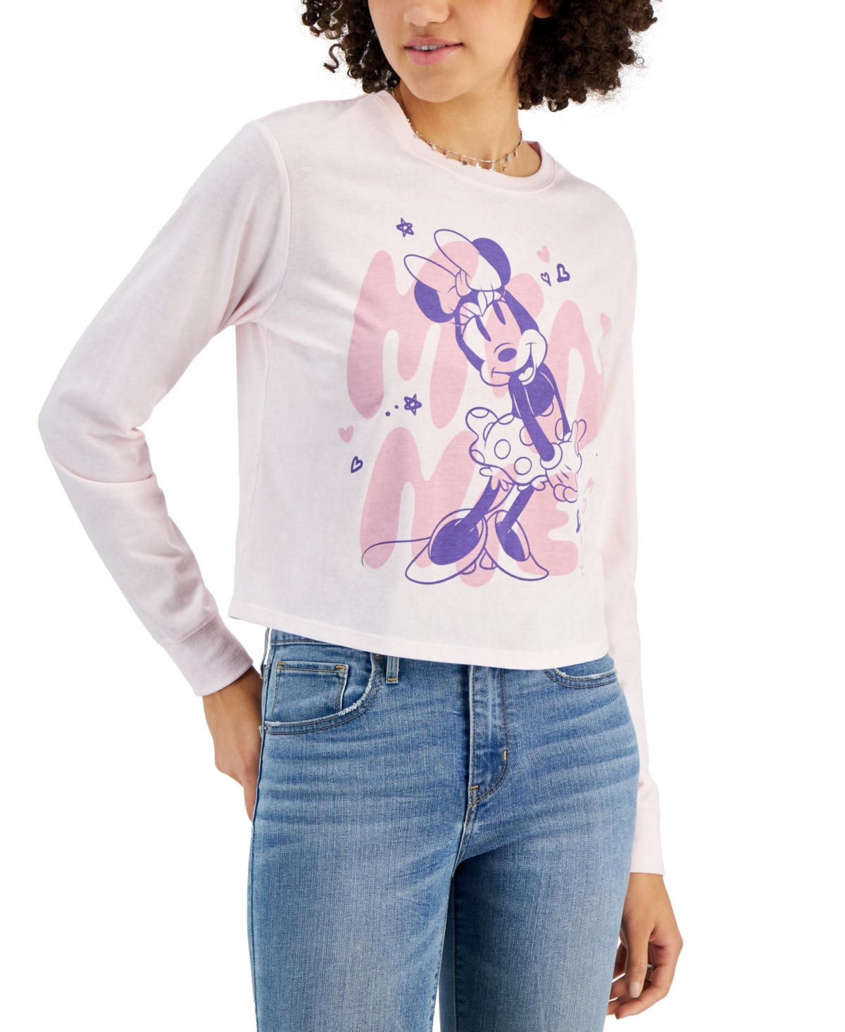 Disney Juniors' Minnie Mouse Print Long-sleeve T-shirt In Barely Pink