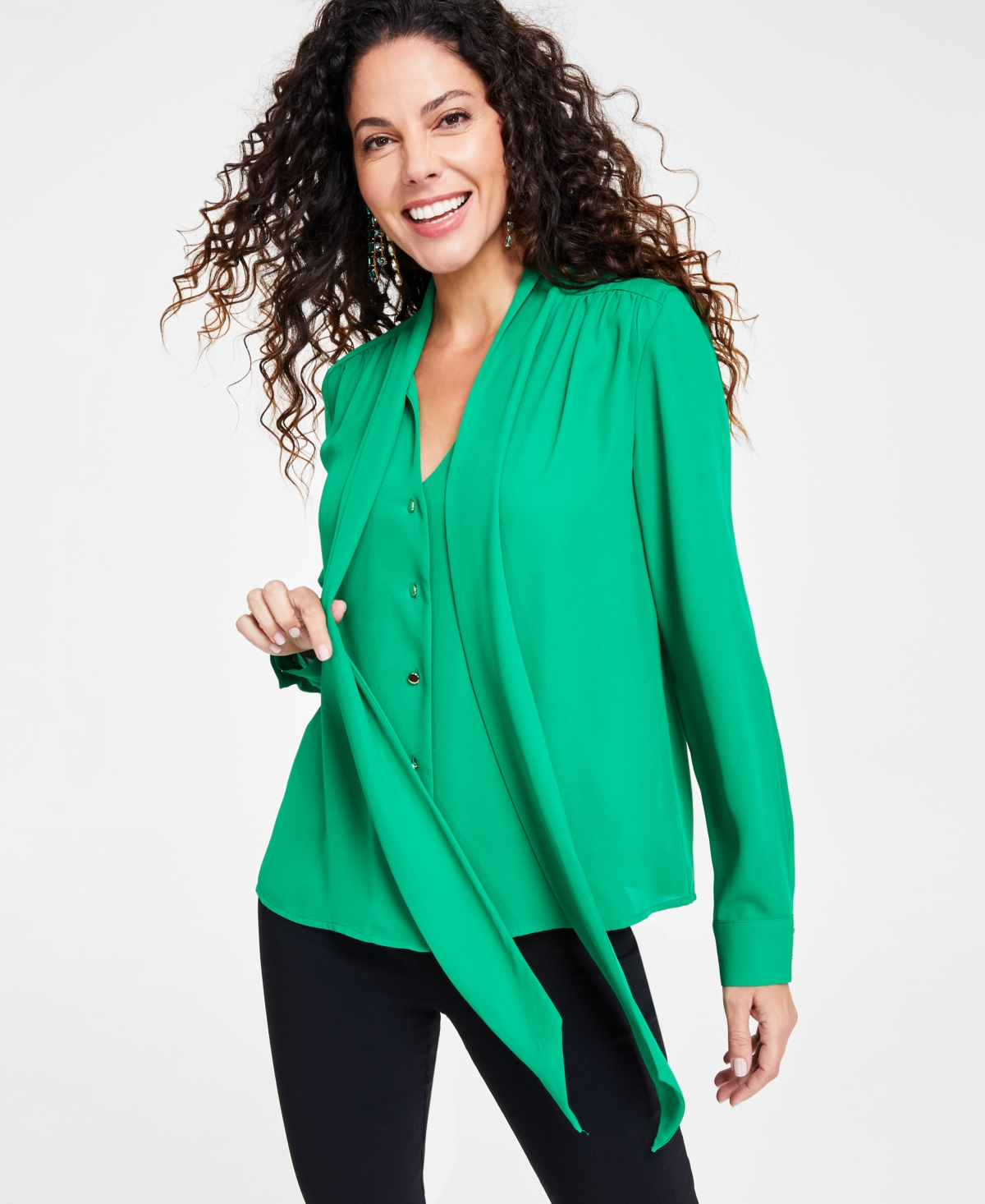 Inc International Concepts Women's Scarf-neck Long-sleeve Blouse, Created For Macy's In Pine Green