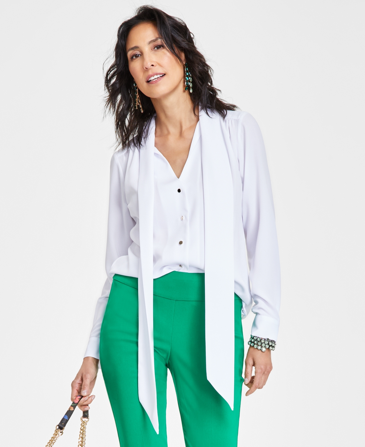 Inc International Concepts Women's Scarf-neck Long-sleeve Blouse, Created For Macy's In Bright White
