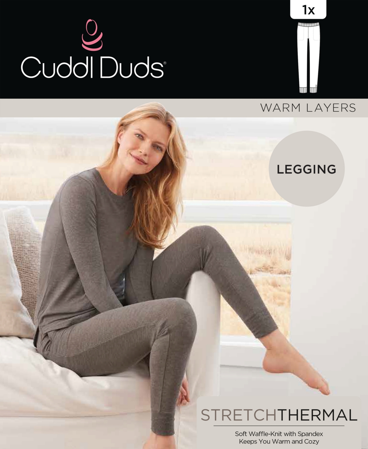 Cuddl Duds Plus Size Stretch Thermal Mid-Rise Leggings - Stone Grey Heather