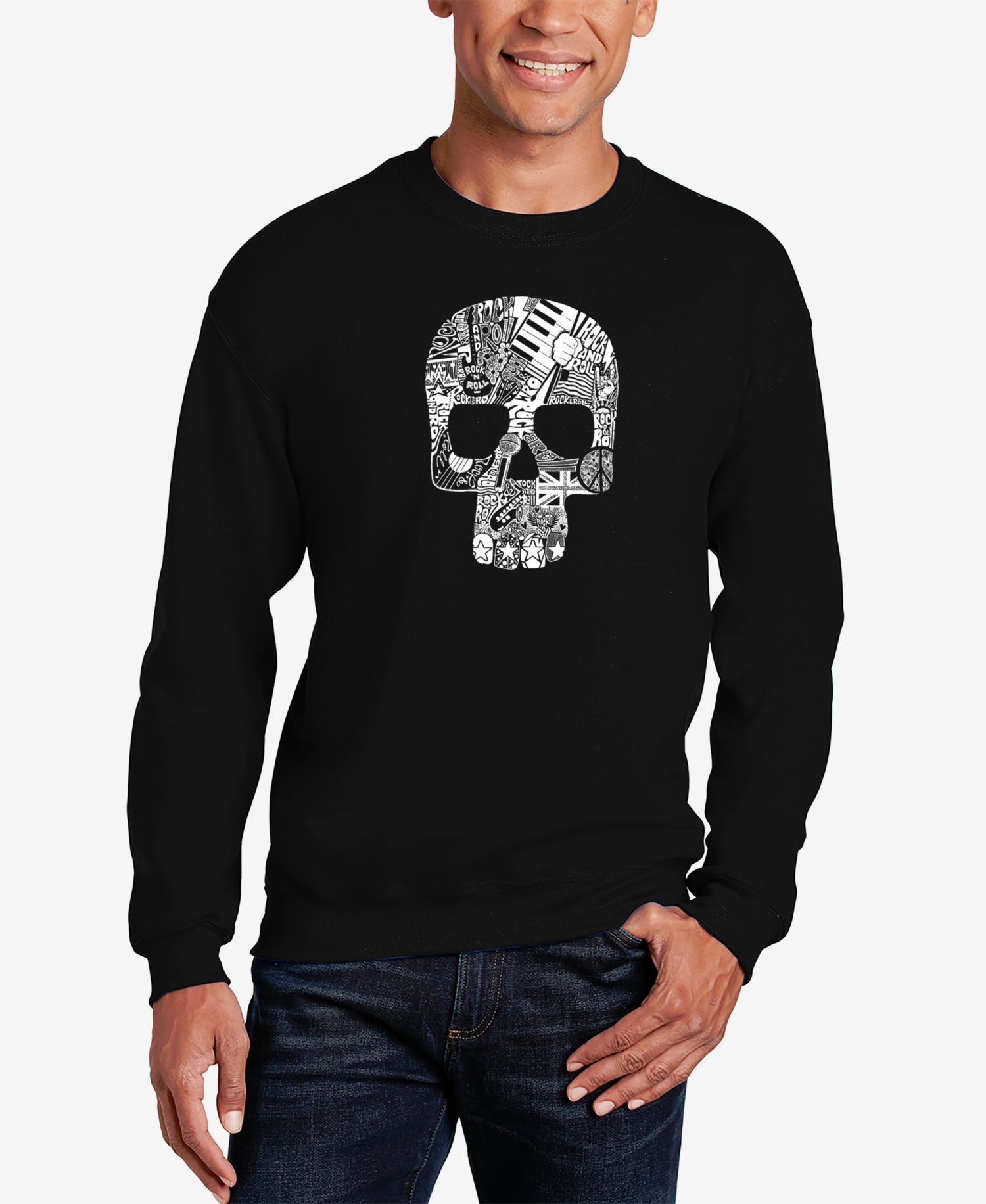 Men's Rock N Roll Skull Word Art Crewneck Sweatshirt