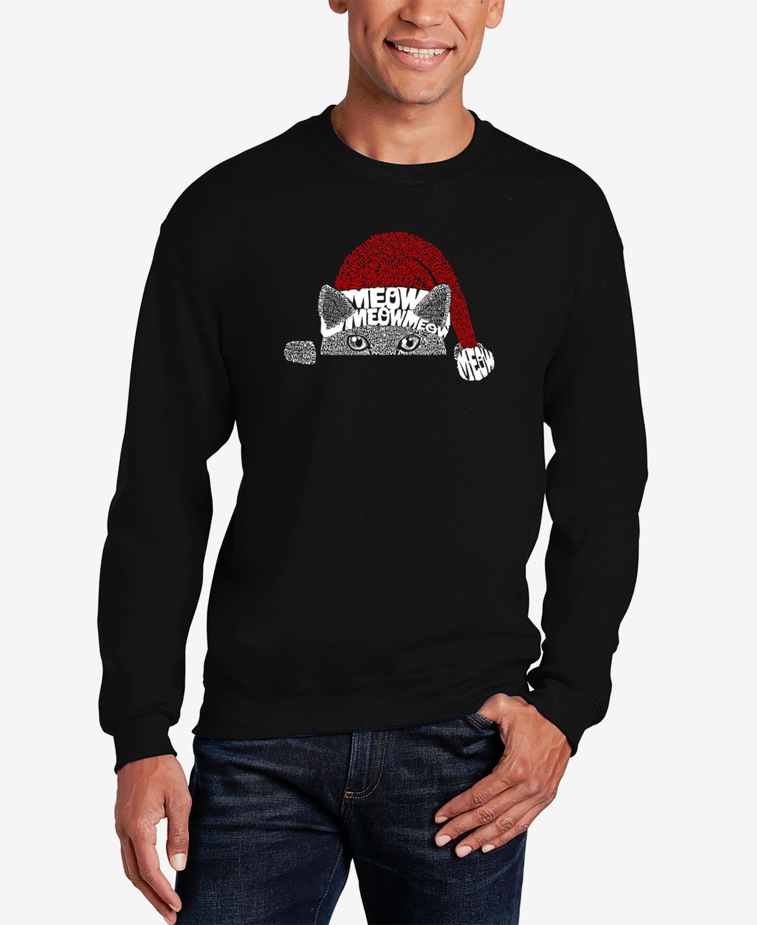 Men's Christmas Peeking Cat Word Art Crewneck Sweatshirt