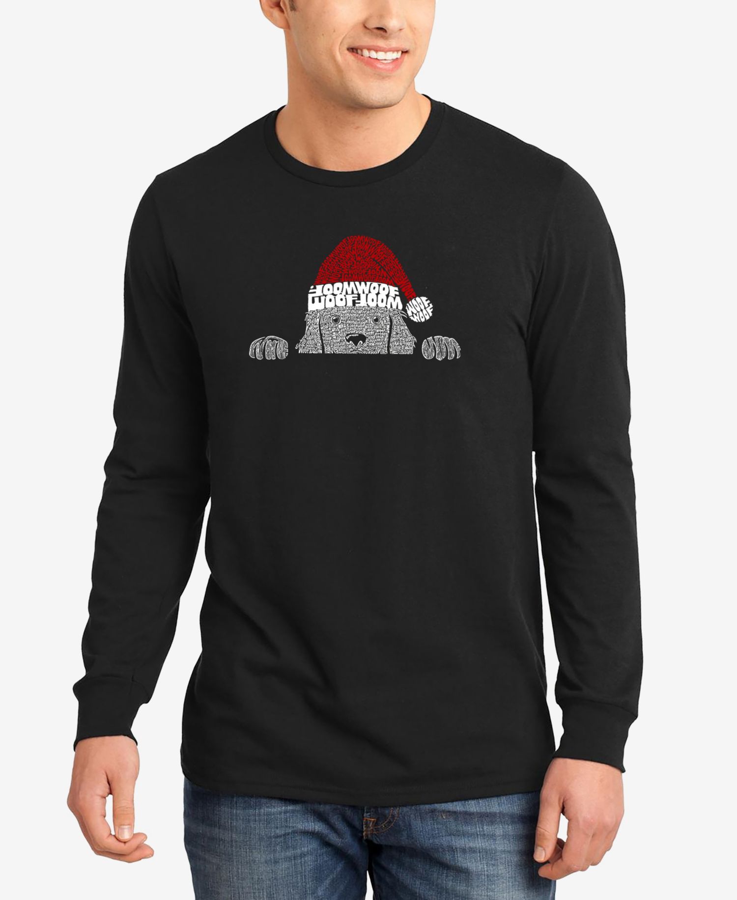 Men's Christmas Peeking Dog Word Art Long Sleeve T-shirt