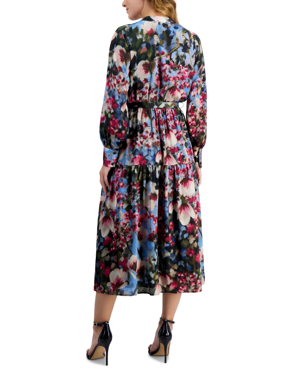 Shop Anne Klein Women's Floral-print Tiered Midi Dress In Black,amaranth Multi