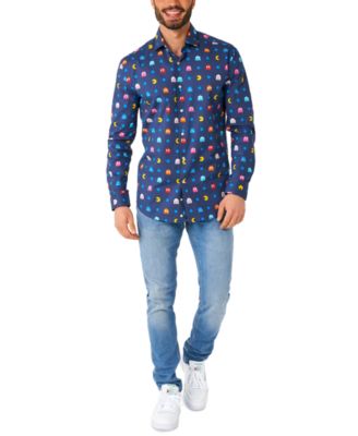 Big & Tall Pixel Official PAC-MAN Shirt - Retro Gaming Outfit - Including 1 Button- Up Shirt - Blue - Long sleeve