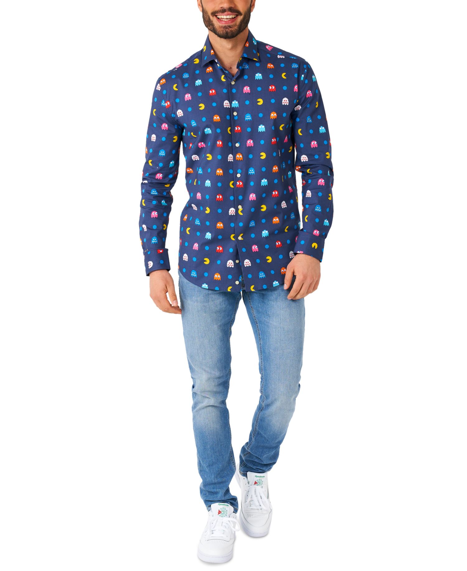 Big & Tall Pixel Official PAC-MAN Shirt - Retro Gaming Outfit - Including 1 Button- Up Shirt - Blue - Long sleeve