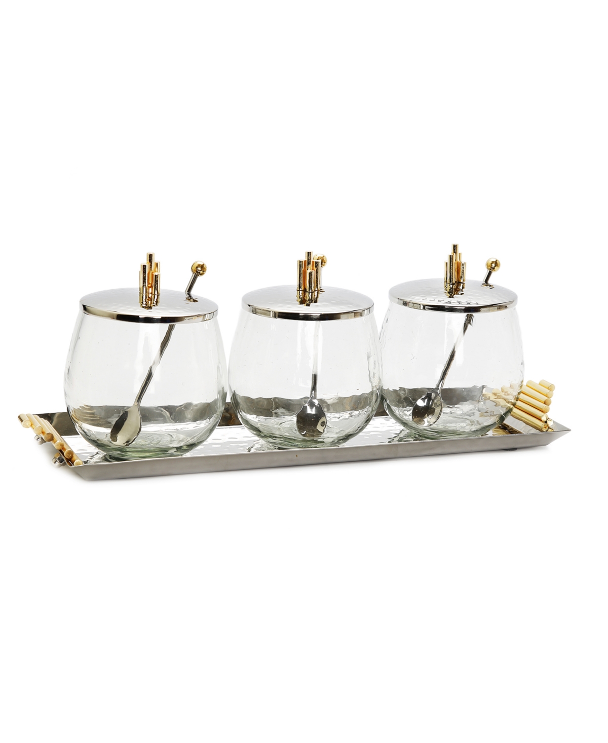 Hammered Tray with 3 Glass Bowls Symmetrical Design, Set of 10 - Gold