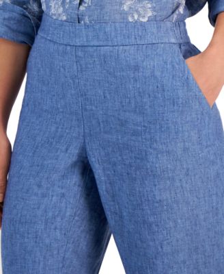Women's 100% Linen Solid Cropped Pull-On Pants, Created for Macy's