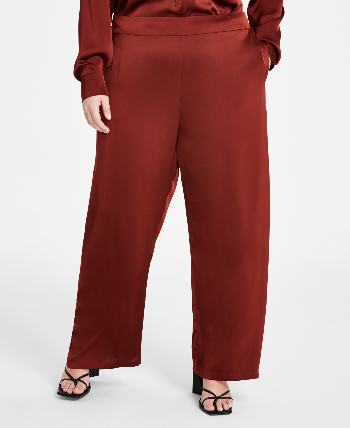 And Now This Trendy Plus Size Satin Wide-leg Pants In Sonoma Brick